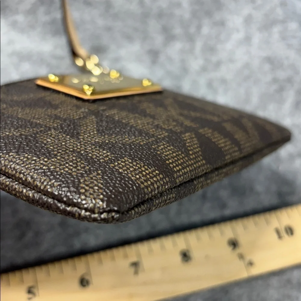 Michael Kors MK Brown Leather Wristlet Monogram Small Purse Mini Brown